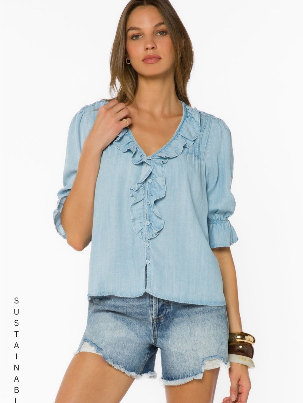 Velvet Heart Light Blue Ruffle V-Neck Blouse